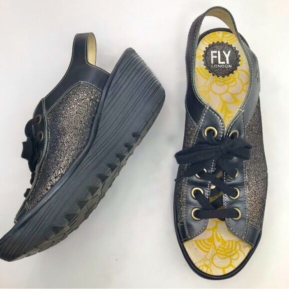 Fly London Black Metallic Perforated Leather Slingback Lace Up Chunky Wedges - Picture 4 of 16